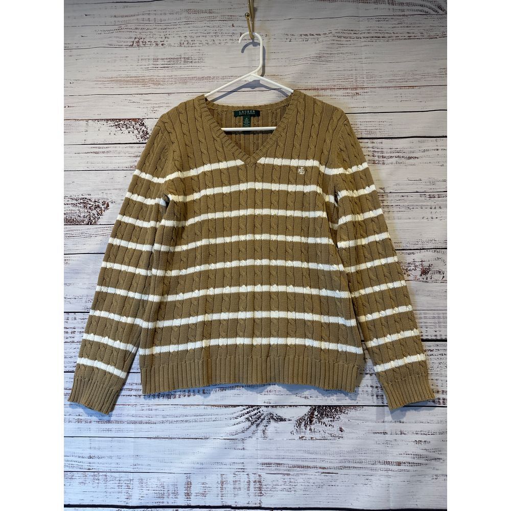 Lauren Ralph Lauren Cable Knit Vneck Stripe Sweater Size‎ M